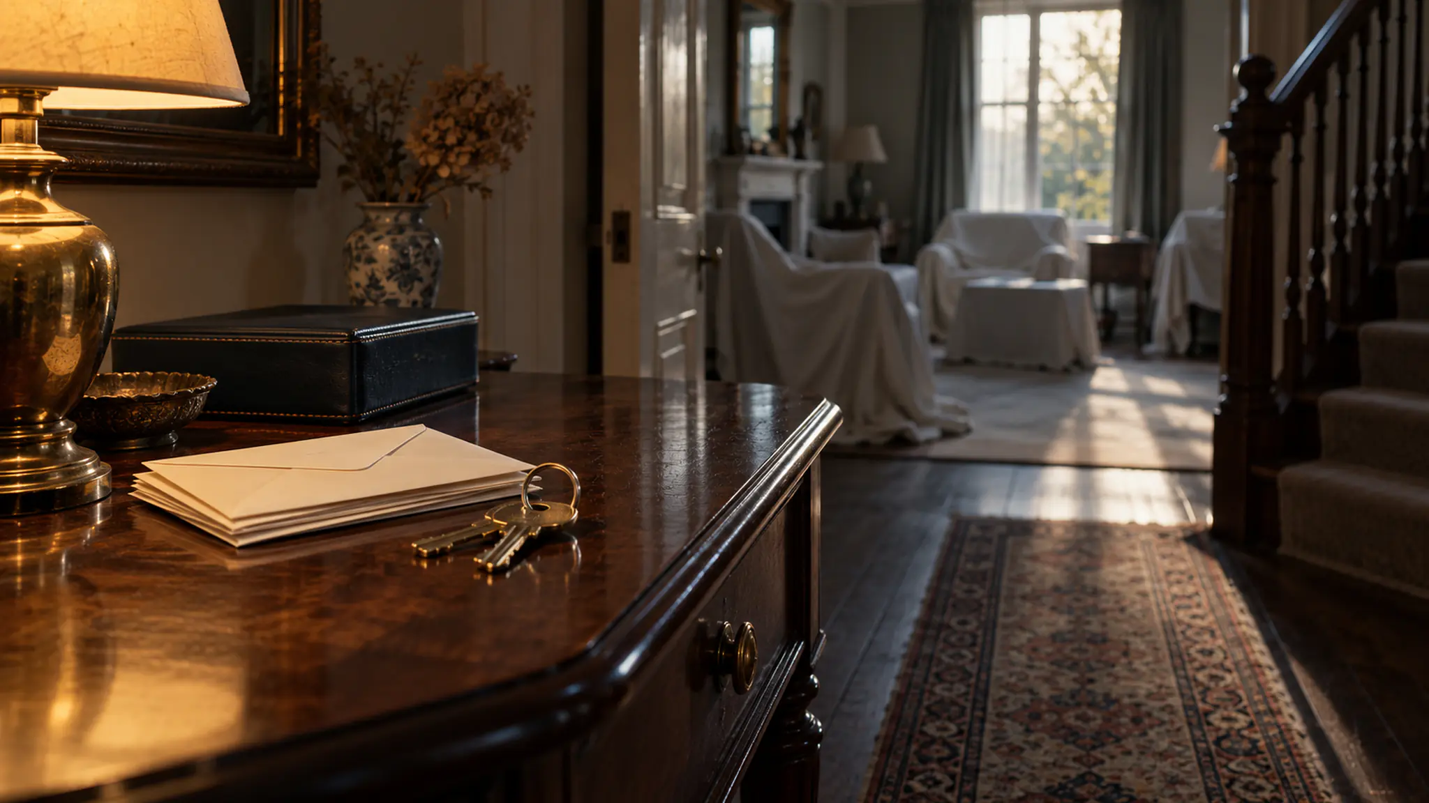 A set of house keys and a small pile of unopened envelopes on a polished hall table, with dust sheets over the furniture in the front room beyond.