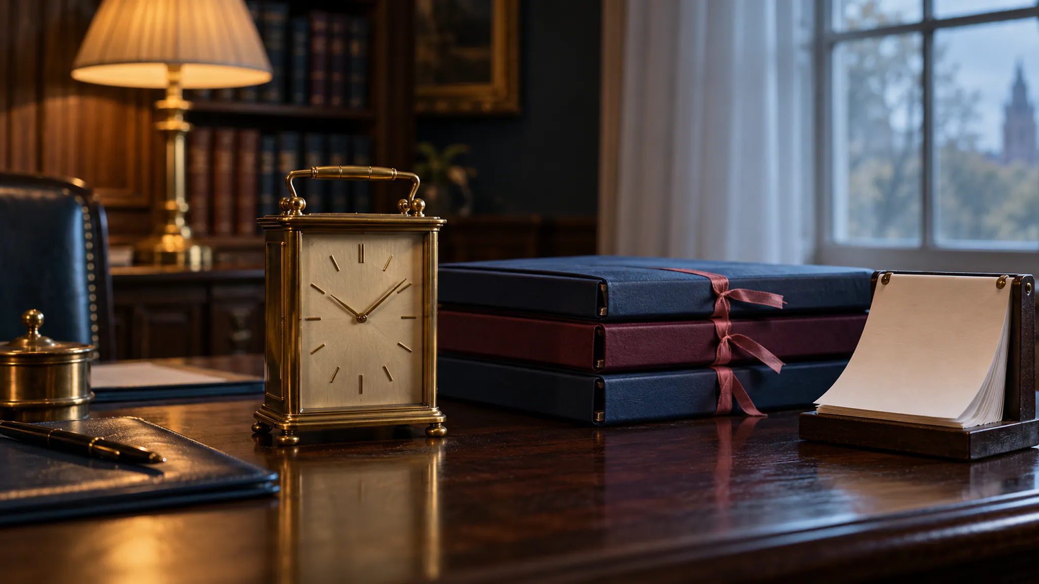 A brass carriage clock on a dark wooden desk beside a stack of folders tied with red ribbon and a blank desk calendar, with a lamp and bookshelves behind.