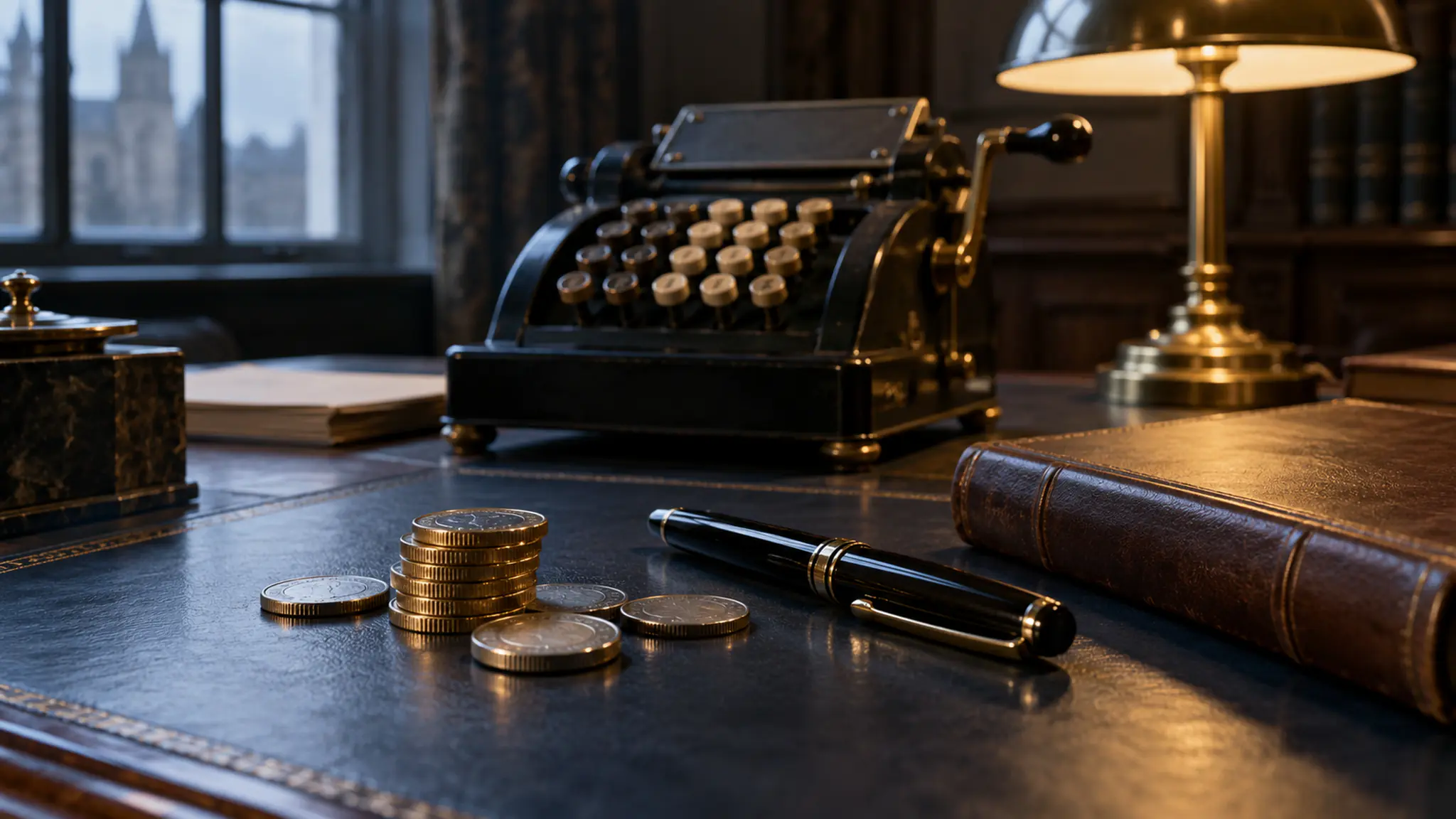 A stack of coins, a fountain pen and a leather-bound ledger on a leather-topped desk, with a vintage adding machine and a brass lamp behind.