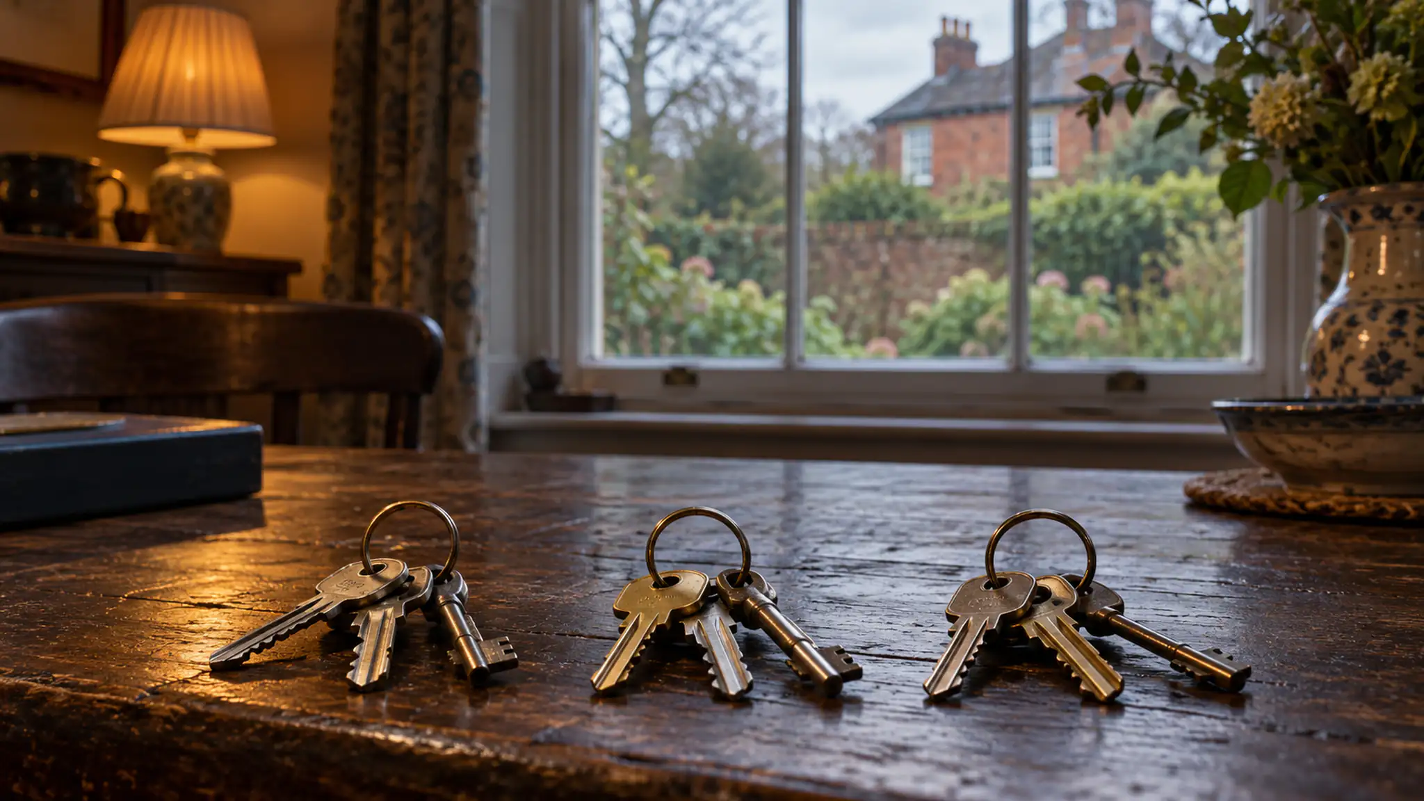 Three sets of house keys laid side by side on a worn oak kitchen table, in front of a sash window looking onto a garden and a red-brick house.