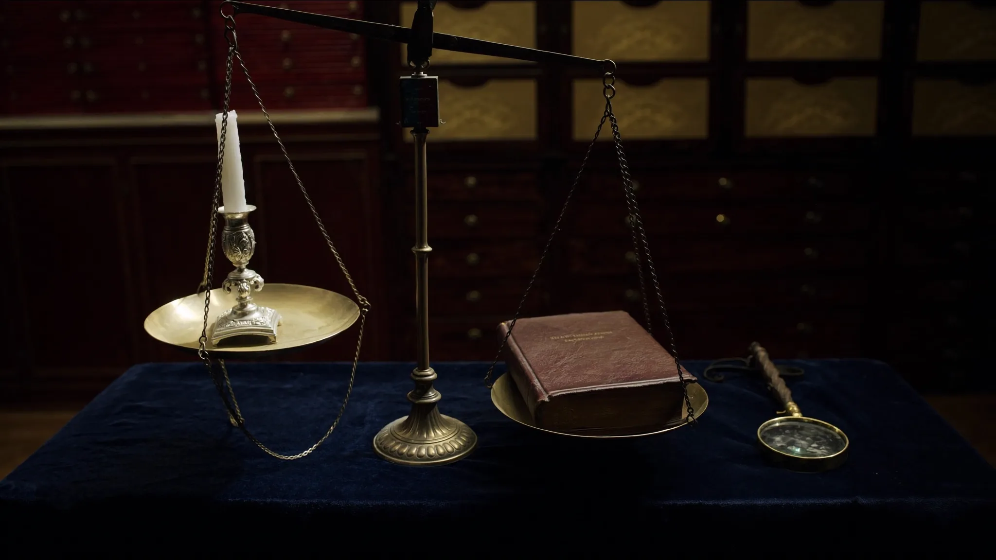 Antique balance scale on velvet flanked by a Georgian silver candlestick and leather-bound legal volumes — an editorial composition representing Open Market Value for probate.