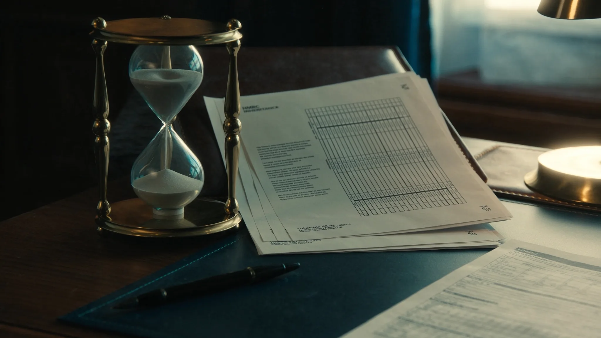 Vintage hourglass on a polished mahogany desk beside HMRC paperwork and a fountain pen — an editorial composition representing the six-month Inheritance Tax deadline.